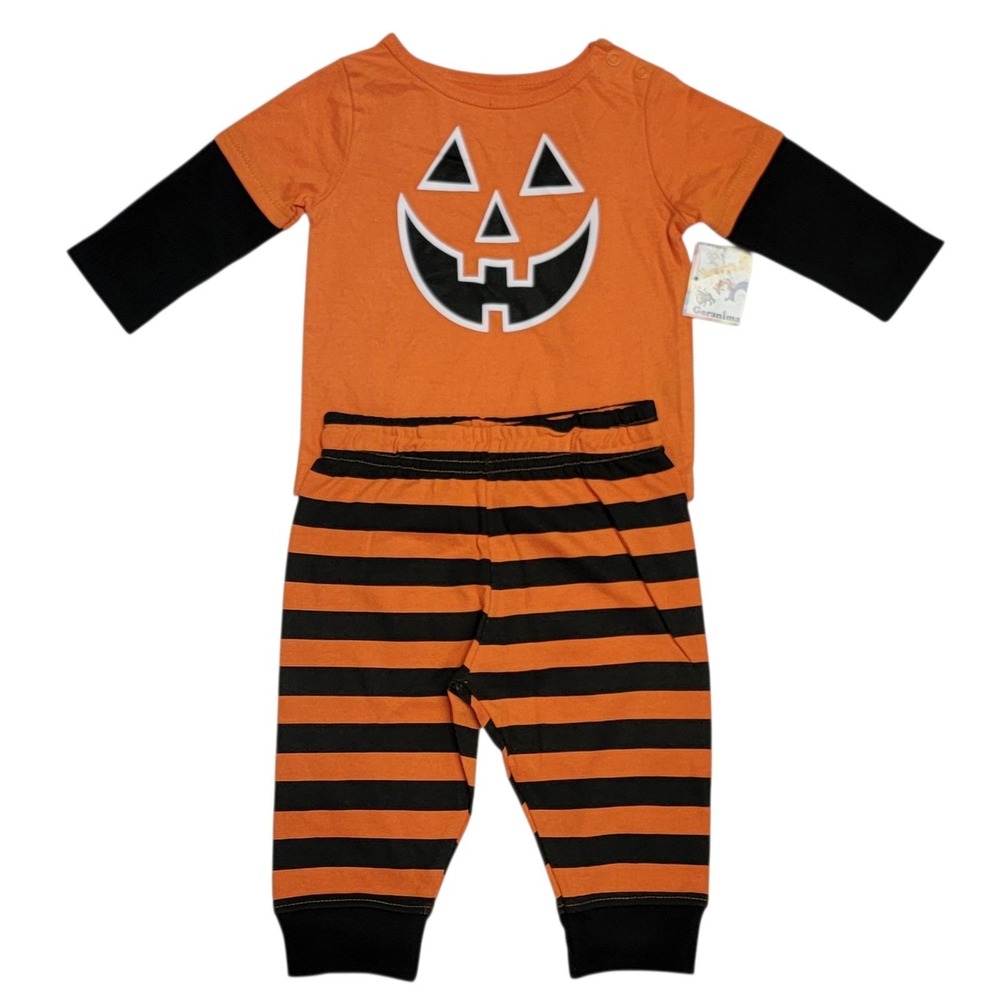Halloween 2 Pc Outfit 3/6M Orange Black Jack O Lantern Unisex Pants Bodysuit